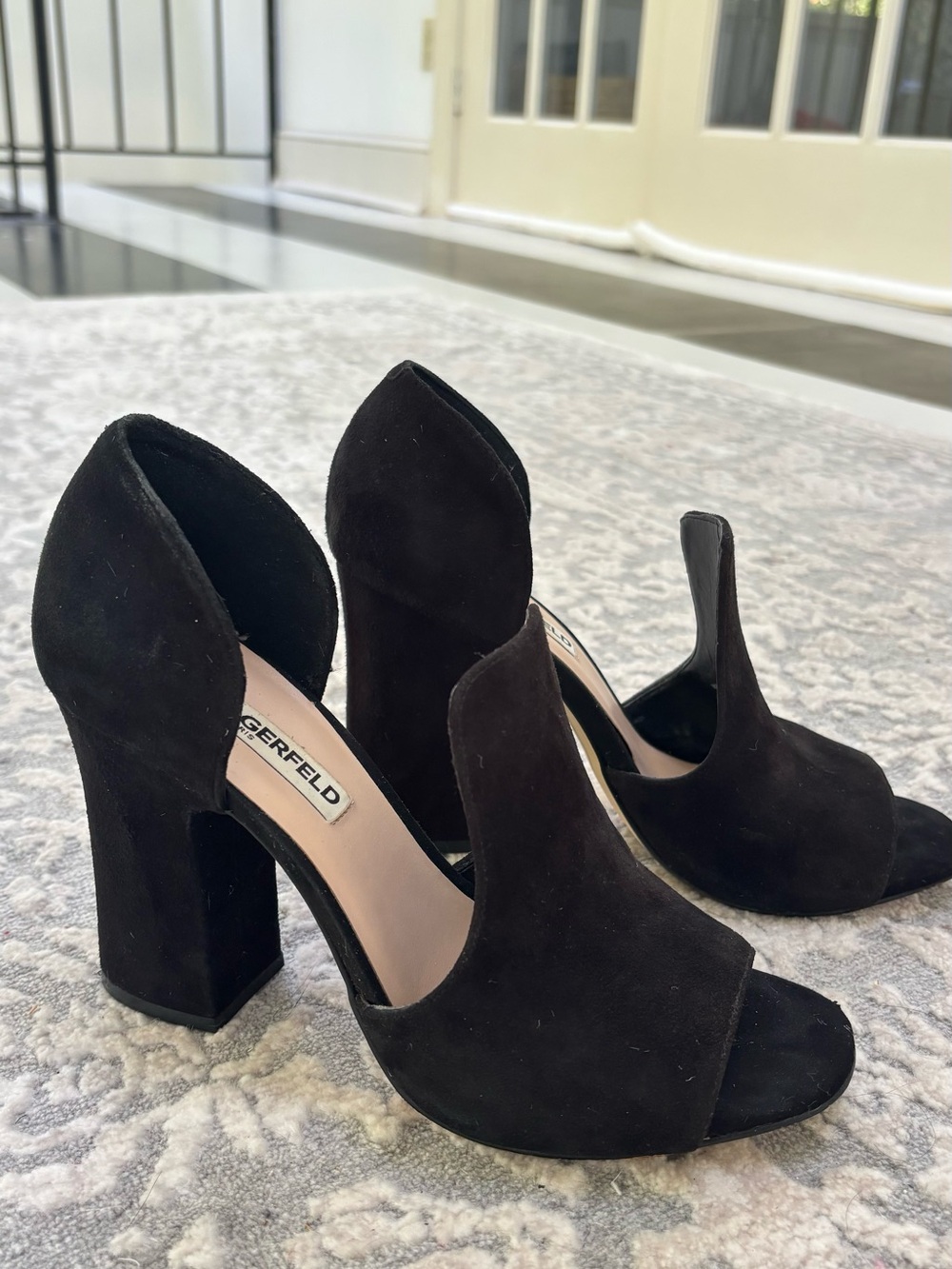 Karl Lagerfeld Black Suede Open-Side Block Heel Sandals